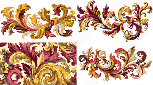 Luxurious baroque ornaments in rich gold and burgundy tones featuring swirling leaves, ornate curves, and classic decorative details. Perfect for vintage design, invitations, labels, and decor.