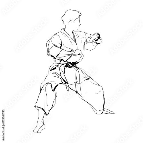 Sketch of a karate practitioner in stance with black belt and uniform in a white background art style