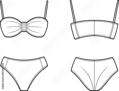 Front and back fashion illustration of a bikini set with bow detail on white background swimwear swimsuit