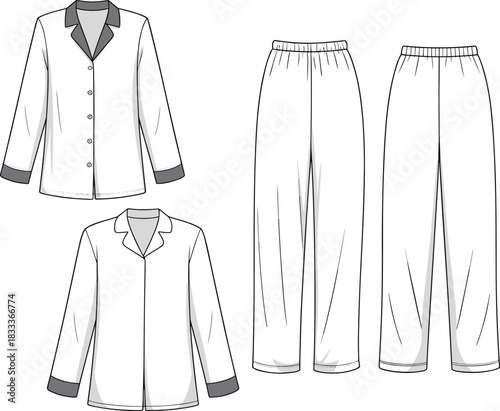 Flat sketches of men's pajamas with button-up shirts and pants Keywords: pajamas, sleepwear, loungewear, clothing, apparel