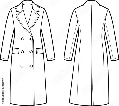 Front and back fashion illustration of a double-breasted long coat on white background jacket outerwear