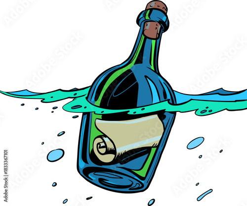 A bottle with a note in water. Message in glass. A business offer for clients.