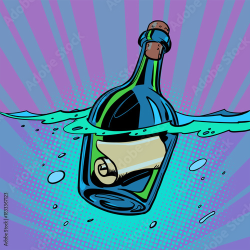 A bottle with a note in water. Message in glass. A business offer for clients.