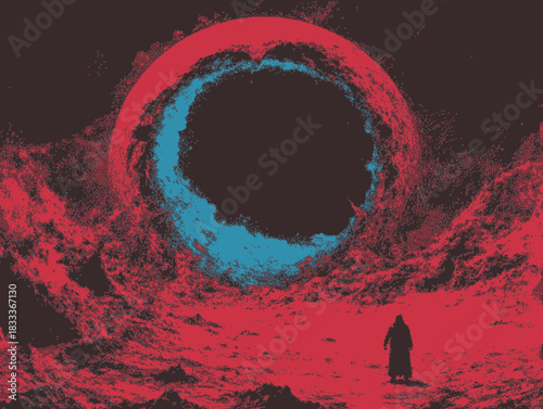 Surreal scene of a solitary figure against a digital vortex, vibrant colors, retro-futuristic style.