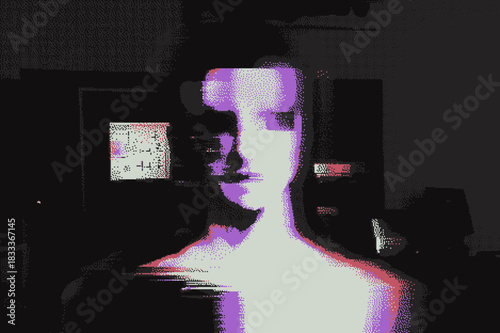 Glitch portrait with vibrant colors and distorted facial features
