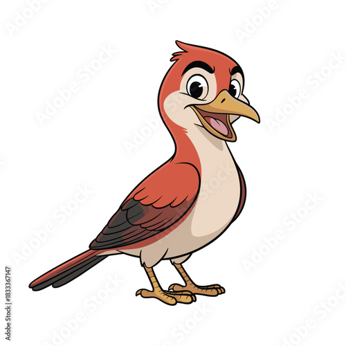 A cheerful cartoon bird with bright red feathers and a tan belly stands on a white background.