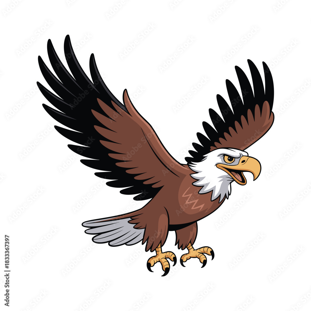 Obraz premium A majestic brown eagle with black-tipped feathers soars, wings spread wide in flight.