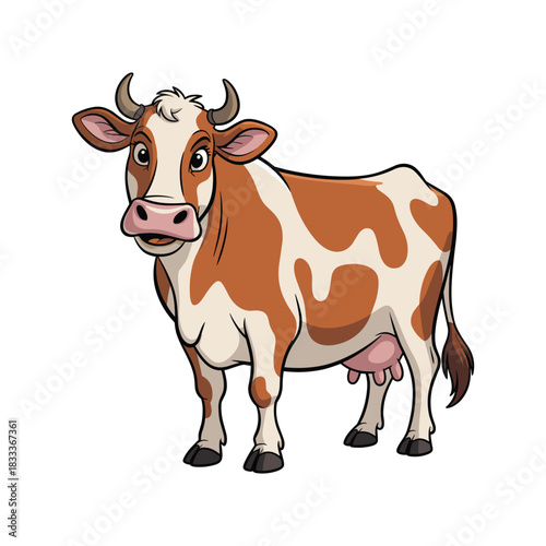 An adorable cartoon cow stands, showcasing its light brown and white patches with charm.