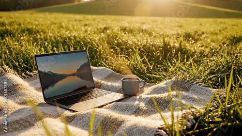 Laptop on blanket with steaming cup, set in sunlit grassy field, for remote work and nature escape concept