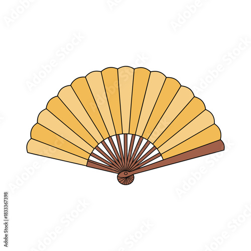 Elegant illustration of a hand fan featuring a color gradient design with wooden frame.