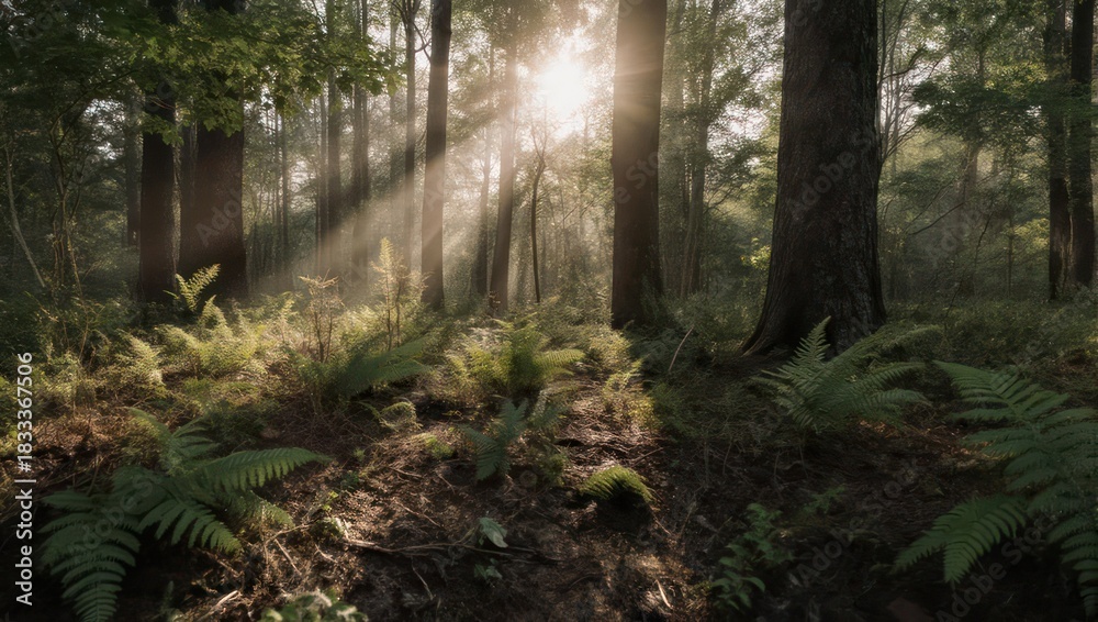 Obraz premium Sunlit forest scene featuring towering trees, ferns, and the play of light and shadow