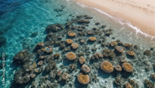 Fototapeta Naklejka Na Ścianę i Meble -  Aerial view of vibrant coral reef meeting a sandy beach, clear turquoise waters