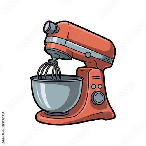 Vibrant coral stand mixer with a stainless-steel bowl and beater readies for baking project.