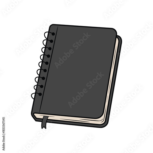 A gray, closed notebook with a spiral binding and a ribbon bookmark, on a white background.