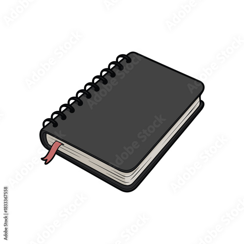 A simple black notebook with a coil binding and a red bookmark lies on a white surface.