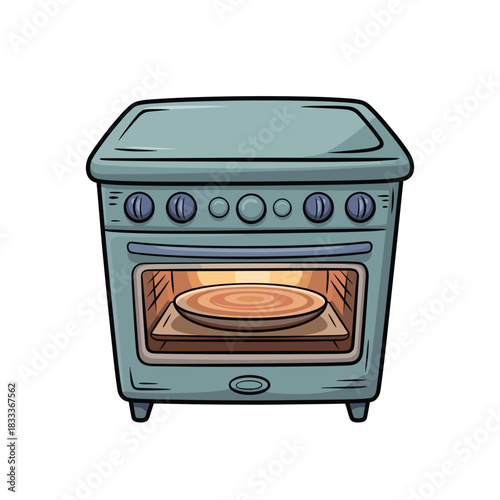 Illustration of a vintage kitchen oven baking a delectable, golden circular cake inside.