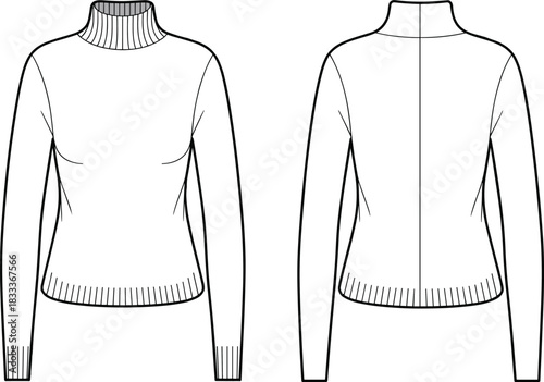 Front and back flat sketch of a white long sleeve turtleneck sweater knitwear garment
