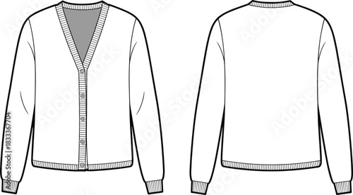 Front and back flat sketch of a women's long sleeve button-up cardigan Keywords: cardigan, sweater, knitwear, clothing, apparel