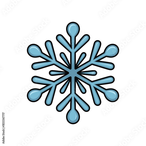 A charming blue snowflake with rounded edges and a black outline, set against pure white.