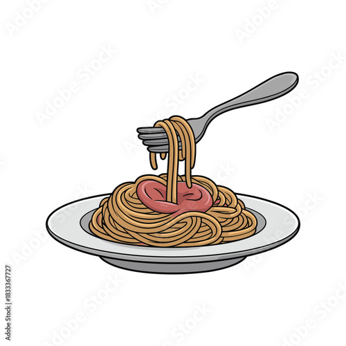 Cartoon drawing of spaghetti with red sauce on a plate, some spaghetti on a fork. Dinner.