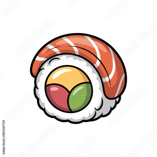 An artistic rendition of sushi, showcasing vibrant colors and cartoon-like style design.