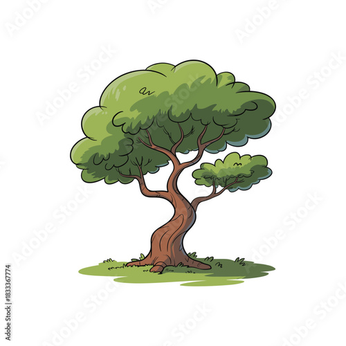 A cartoon tree with a brown trunk and bright green leaves sitting on grass. Nature vibes.