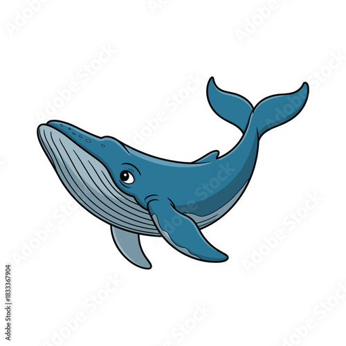 A cartoon blue whale swims with a gentle expression, flippers spread, and tail up high.