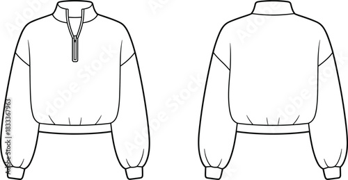 Front and back view of a women's cropped zip-up sweatshirt with balloon sleeves fashion clothing