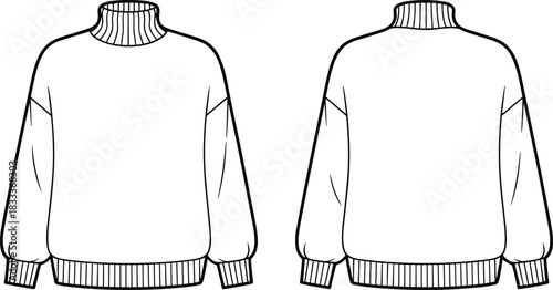 Front and back view of a women's relaxed fit turtleneck sweater fashion clothing