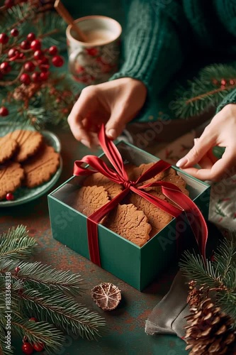 Young woman ties a red ribbon around a green box with homemade ginger cookies