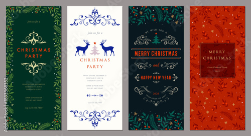 Winter Holiday cards. Abstract Christmas tall templates 4x9 with decorative Christmas Tree, reindeers, ornate floral background and frame with copy space and greetings.