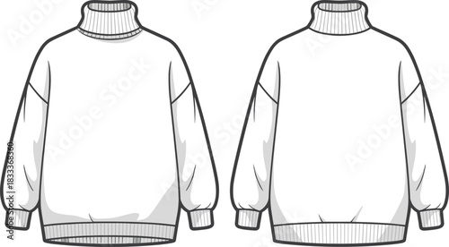 White oversized turtleneck sweatshirt front and back view line drawing on white background sweater long sleeve