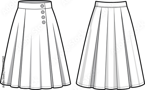 White pleated midi skirt with button detail front and back view on white background fashion clothing