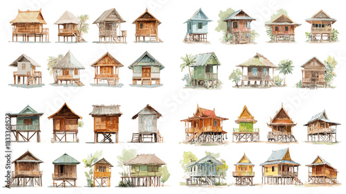Watercolor illustrations of traditional wooden stilt houses from Southeast Asian regions, showcasing rustic structures, raised floors, and cultural architectural styles. Ideal for travel art and herit