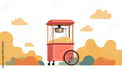Retro popcorn machine in a colorful landscape, nostalgic snack concept