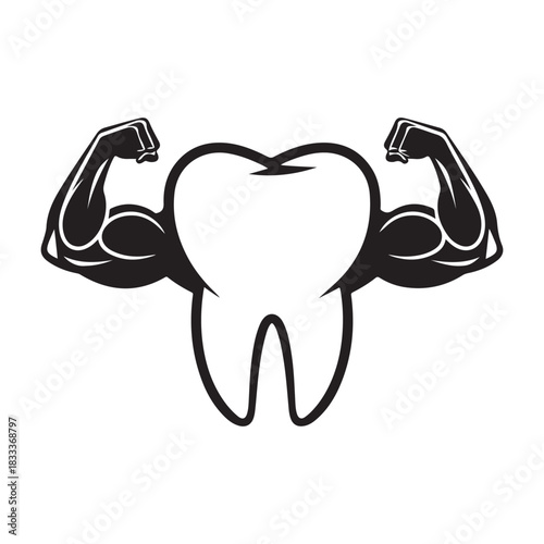 Strong Tooth Mascot with Flexing Muscular Arms – Dental Fitness Logo, Oral Health Illustration, Powerful Tooth Icon
