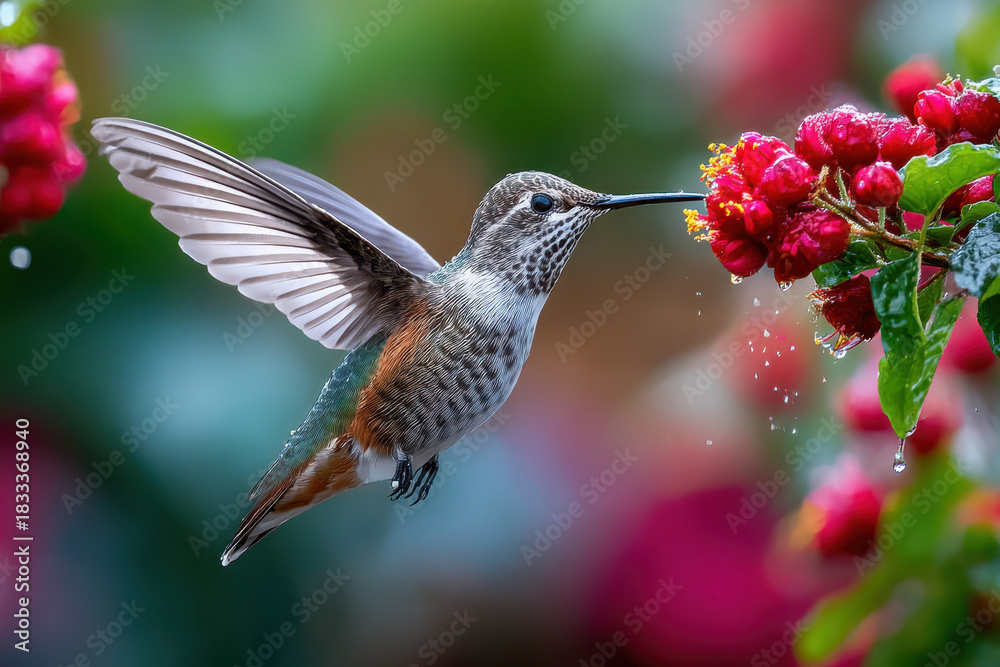 Fototapeta premium Hummingbird in midflight, sipping nectar from a vibrant flower cluster
