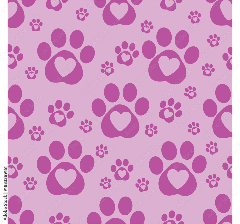 Fototapeta premium Seamless pattern of pink paw prints with heart on a light purple background