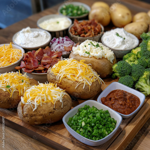 LOADED AMERICAN BAKED POTATO BAR Build your own potato paradise! Classic American loaded baked potatoes with all the fixings! 🥔 🥔 INGREDIENTS: 8 large Idaho russet potatoes 1 cup butter, whipped 2 c