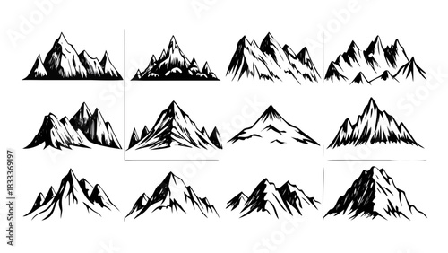 Illustration showing a collection of mountain range silhouettes in black and white vector format design
