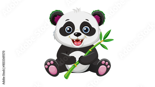 Cartoon panda sitting and holding a bamboo stalk with green leaves on a white background image here