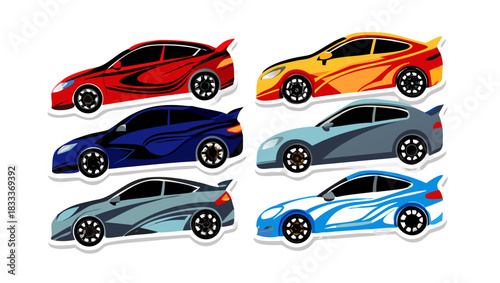 Illustration showing a collection of six colorful stylized racing cars in various colors