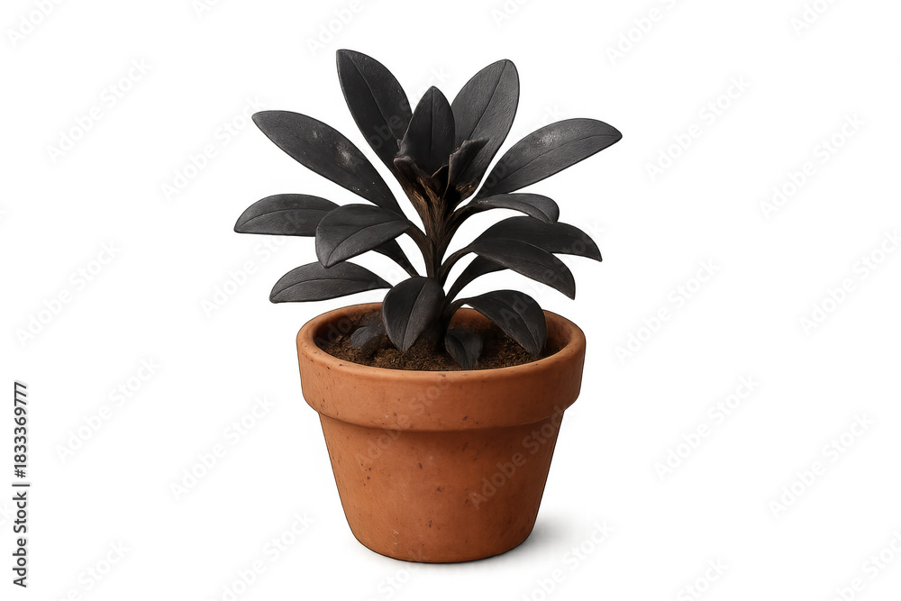 Obraz premium Potted black leaf plant with an earthy terracotta pot and dark foliage, an isolated exotic indoor houseplant