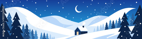 Winter valley with house under snowy night sky