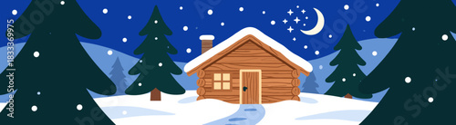 Cozy winter cabin with snowy trees under starry sky