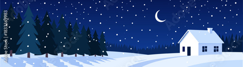 Winter night landscape with house and pine forest