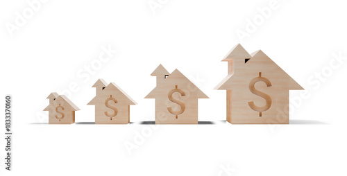 Fototapeta Naklejka Na Ścianę i Meble -  Wooden block houses, from small to large. Dollar symbol representing real estate investment, savings growth, and long-term financial stability. 3D rendering.