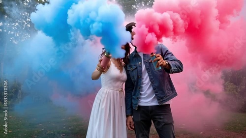 Joyful couple celebrating gender reveal with pink and blue smoke creating a magical moment of love and anticipation for their new baby