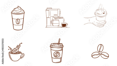 Collection of hand drawn coffee beverage icons and elements