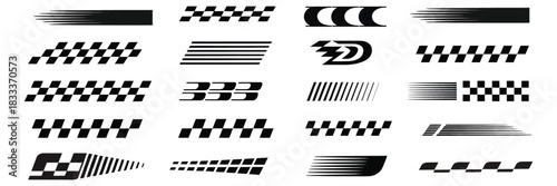 racing stripes and checkered pattern set, vector illustrations for finish lines, motocross labels, dynamic speed lines, motorsport decals, and sport car wraps, perfect for automotive, tuning, and 